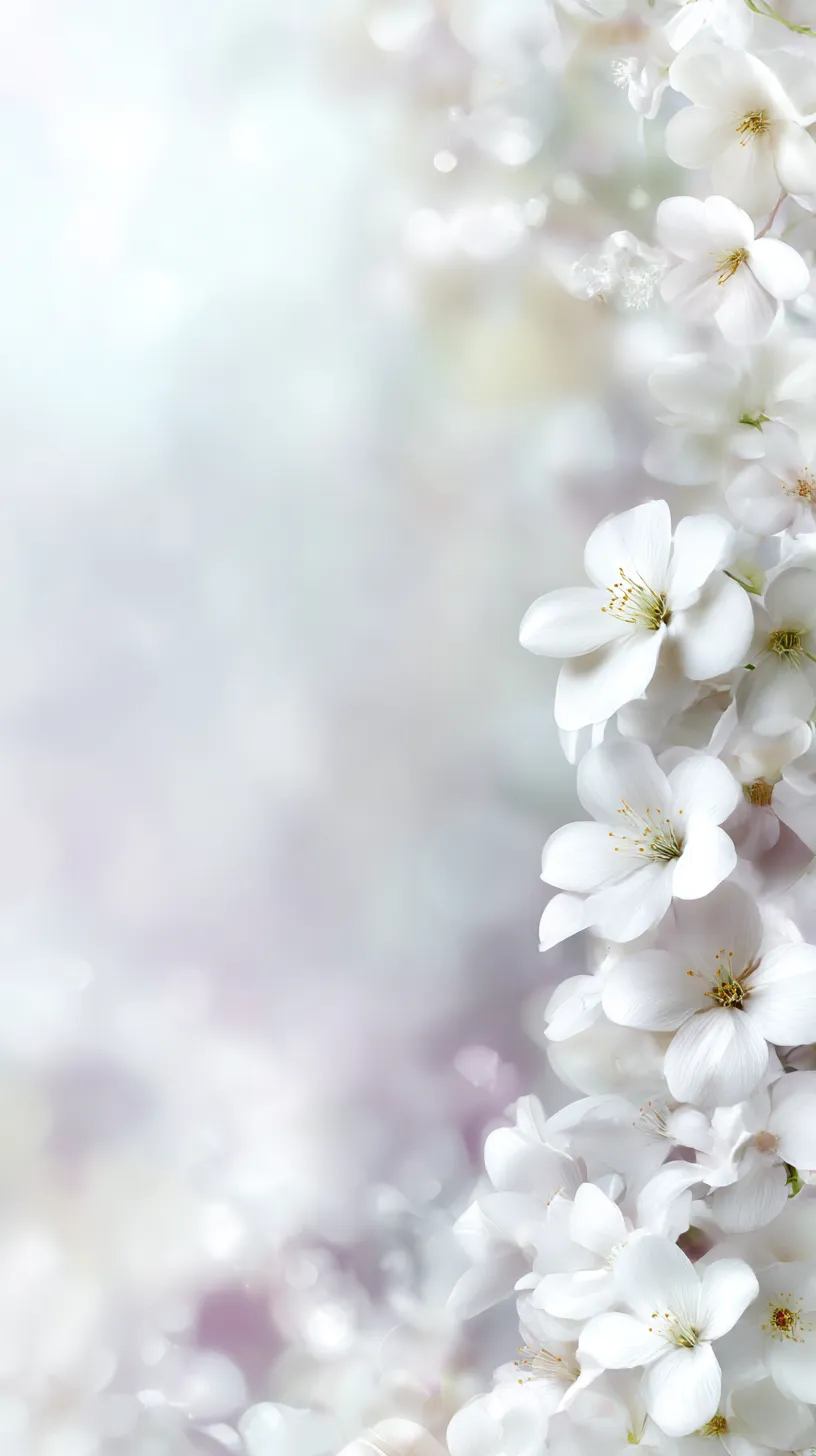 桜舞うアイボリー壁紙｜淡い光の背景に白い桜花が右側に連なるアイボリー壁紙。柔らかな花弁の重なりが空間に気品を与え、春の静けさと華やぎを同時に感じさせる上品なデザイン。