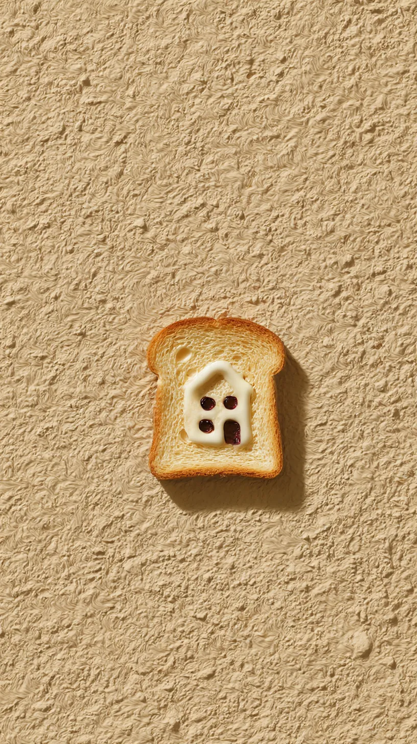 面白いシュール壁紙 壁に映える食パン家｜シンプルな食パンの中央に家が描かれ、質感豊かな壁に寄り添うように配置されている。極端なシンプルさと不可思議な発想が、静かな中にユーモアを潜ませた作品となっている。