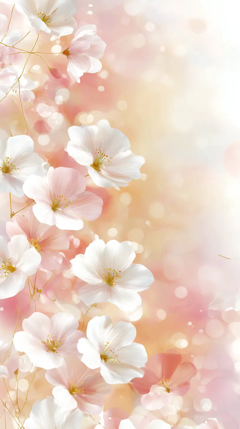 春霞のクリーム色壁紙｜桃色を帯びた淡い背景に桜花が舞うクリーム色壁紙。花弁の白とピンクが重なり合い、柔らかな光の粒子が溶け込むことで、春霞のような優雅で幻想的な雰囲気を醸している。