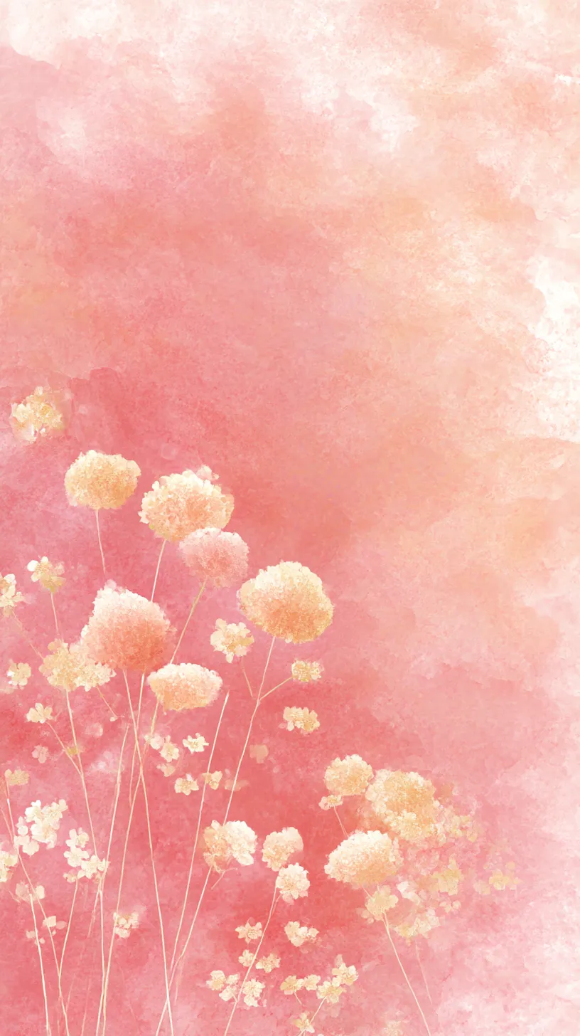 サーモンピンク壁紙 綿雲の花影｜ふわりと浮かぶ綿雲のような花が、サーモンピンクの濃淡の上に優しく重なる。絵の具を滲ませたような質感が、夢幻的であたたかな印象を与える壁紙。