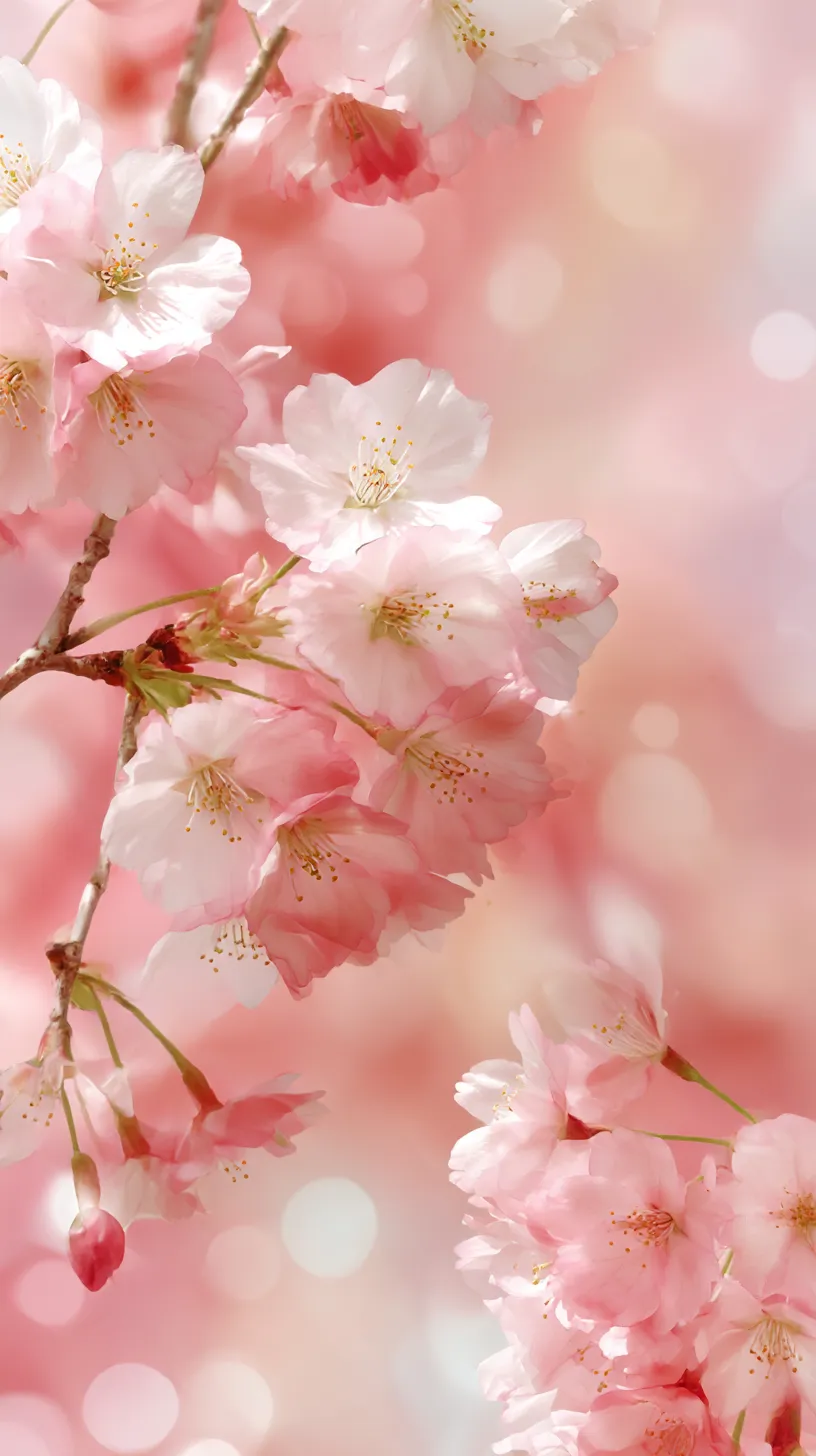 サーモンピンク壁紙 花弁の舞い降り｜大きく咲いた桜が画面を彩り、手前と奥に重なり合うことで立体的な印象を与える。サーモンピンクの光に包まれ、花弁が舞い降りる優美な瞬間が描かれる。