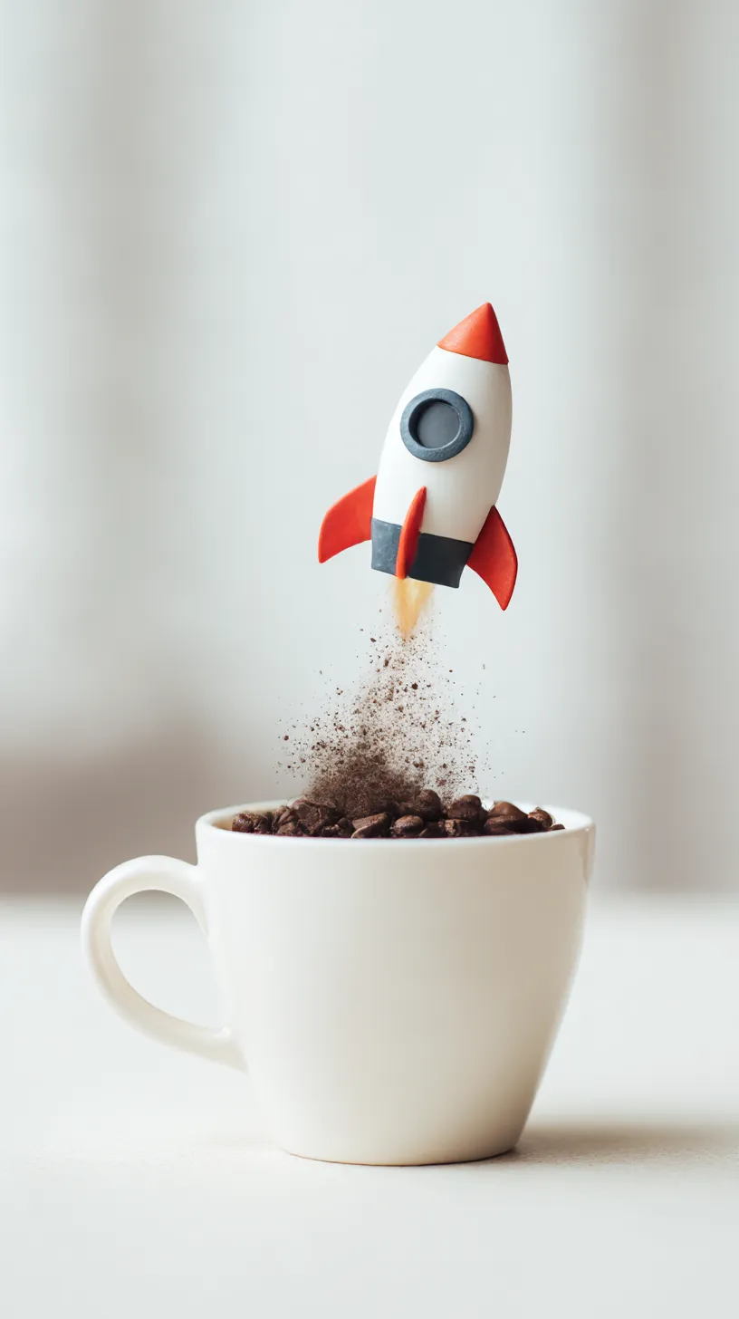 面白いシュール壁紙 コーヒーロケット発射｜カップに盛られたコーヒー豆からロケットが飛び立つ瞬間が描かれている。粉の舞い上がりが推進力のように見え、身近な飲み物が宇宙的な夢想に変わる遊び心あふれる構図となっている。