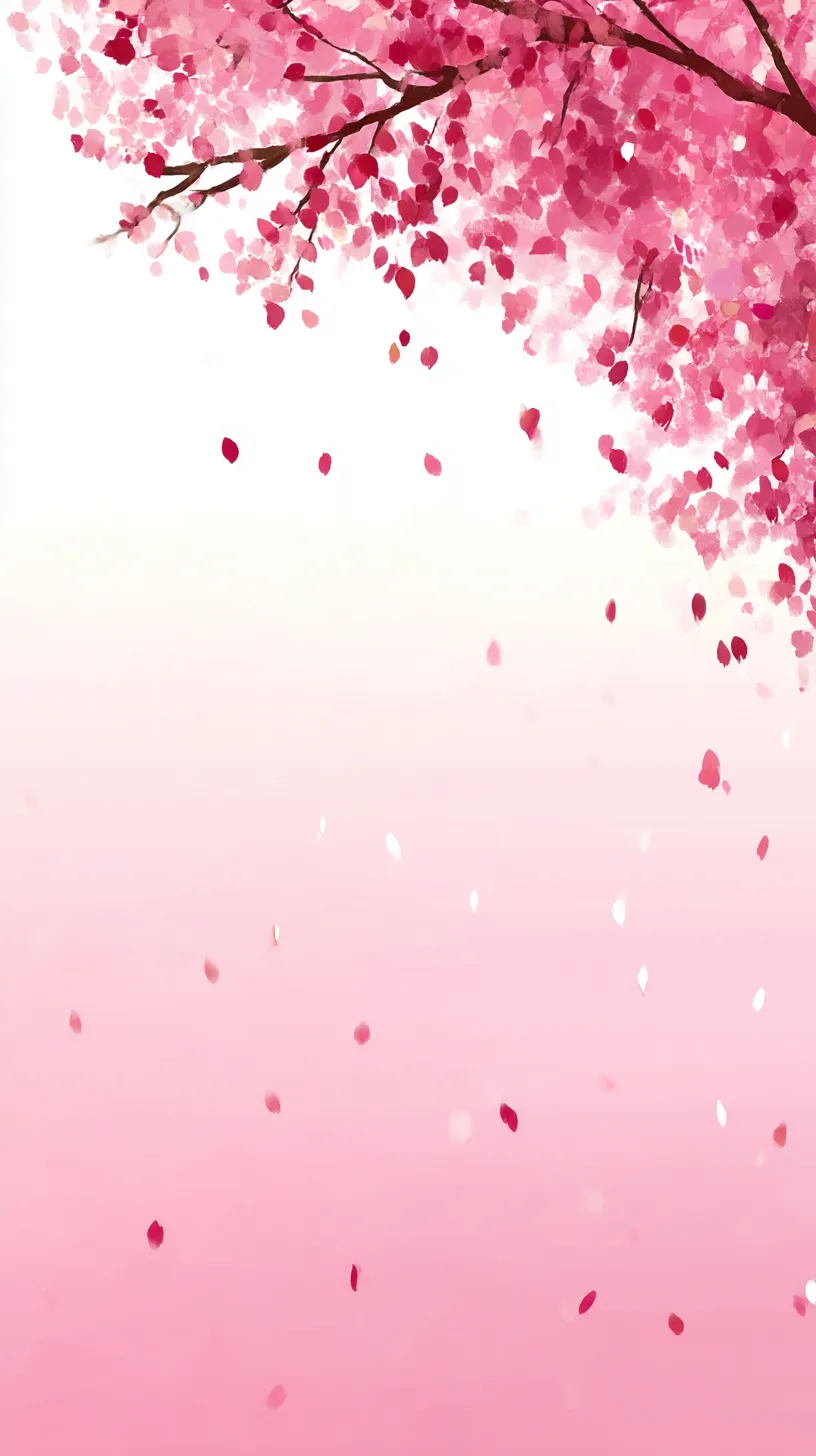 サーモンピンク壁紙 桜雨の静景｜桜の枝が画面上から広がり、花びらが雨のように舞い落ちる。空間の白からピンクへのグラデーションが余白を生かし、静けさと流れるような動きを感じさせる。