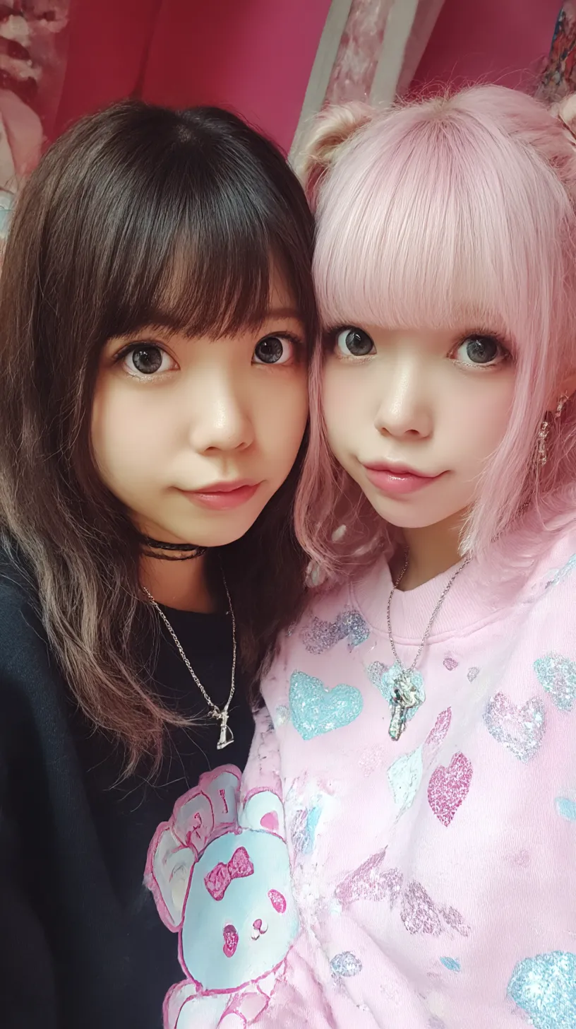 ギャルピンク壁紙 双子のような瞬間｜寄り添う二人の姿を鮮やかなピンク背景が引き立て、甘さとスタイリッシュさを融合させている。ギャルピンクの世界観に溶け込むような視線が印象的な構図。