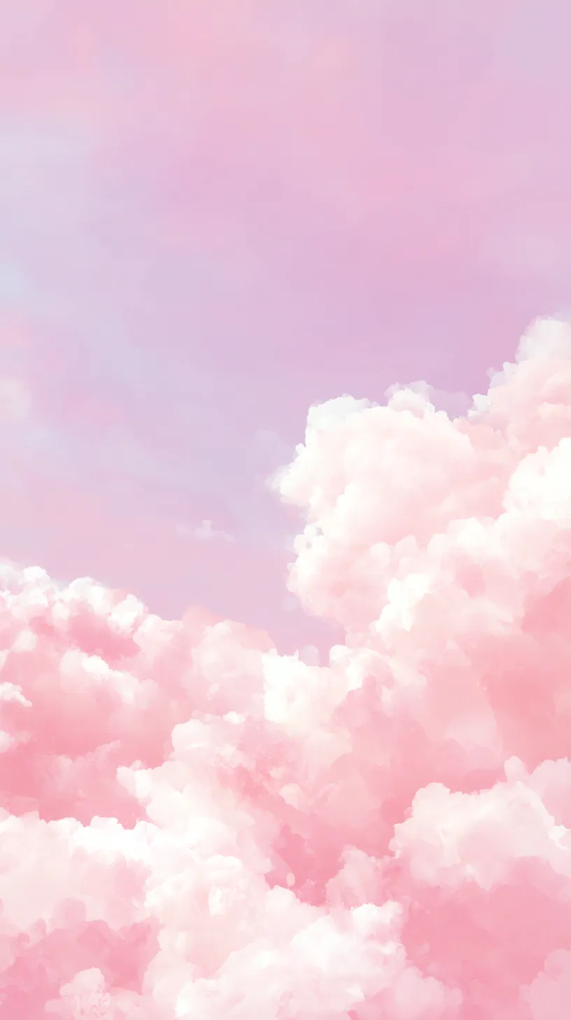 かわいいふわふわピンク壁紙 パステル雲海｜紫がかった空に向かって広がるピンクの雲海が、やわらかなグラデーションを描く。光の柔らかさと淡い色彩が調和し、かわいいふわふわピンク壁紙としてやさしく包み込むような安らぎを感じる。
