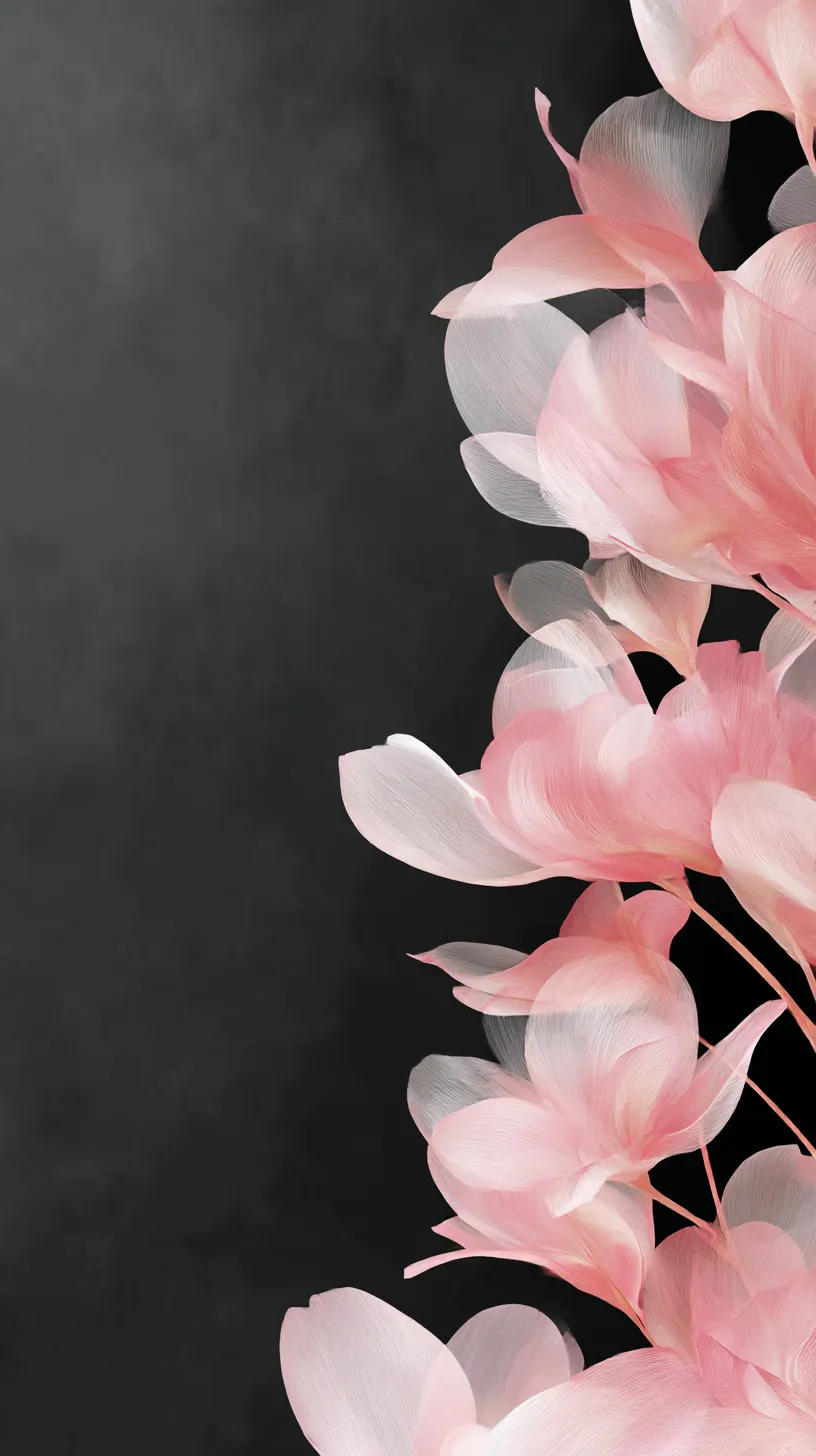 黒ピンク壁紙 花びらの舞｜淡いピンクの花弁が黒の背景に重なり、柔らかな透過感を生む。花の重なりが繊細な層を描き、幻想的な余韻を残している。