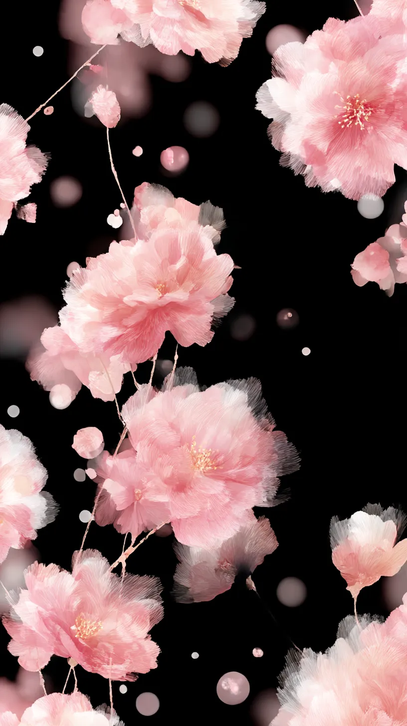 黒ピンク壁紙 夜桜の瞬き｜黒を基調に満開の桜が散りばめられ、光の粒が夜空に舞うように配置。淡い花弁と闇の対比が静謐な美を生み出している。