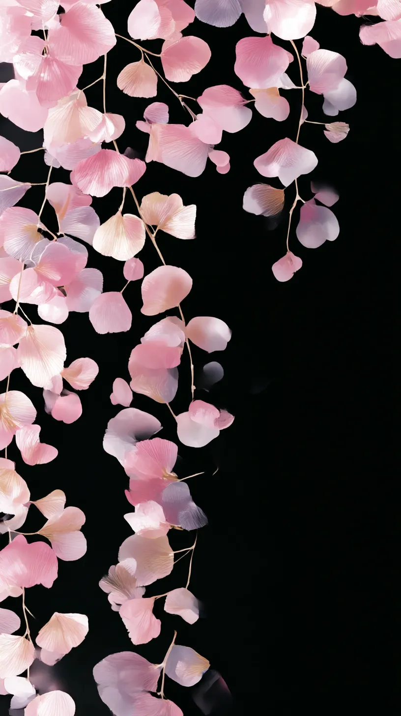 黒ピンク壁紙 花雨のしずく｜花弁が雨のように降り注ぎ、黒い背景に舞い落ちる。柔らかなグラデーションと透ける質感が軽やかで儚げな印象を与える。