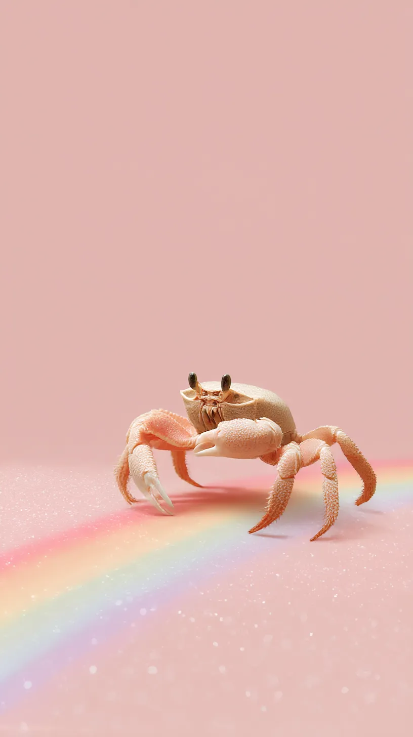 ゆるい面白い壁紙 虹の上のカニ｜ピンクの背景に鮮やかな虹が差し込み、その上を小さなカニが歩く姿が表現されている。現実ではありえない組み合わせが柔らかな色彩とともに描かれ、可笑しさと幻想が同居している。