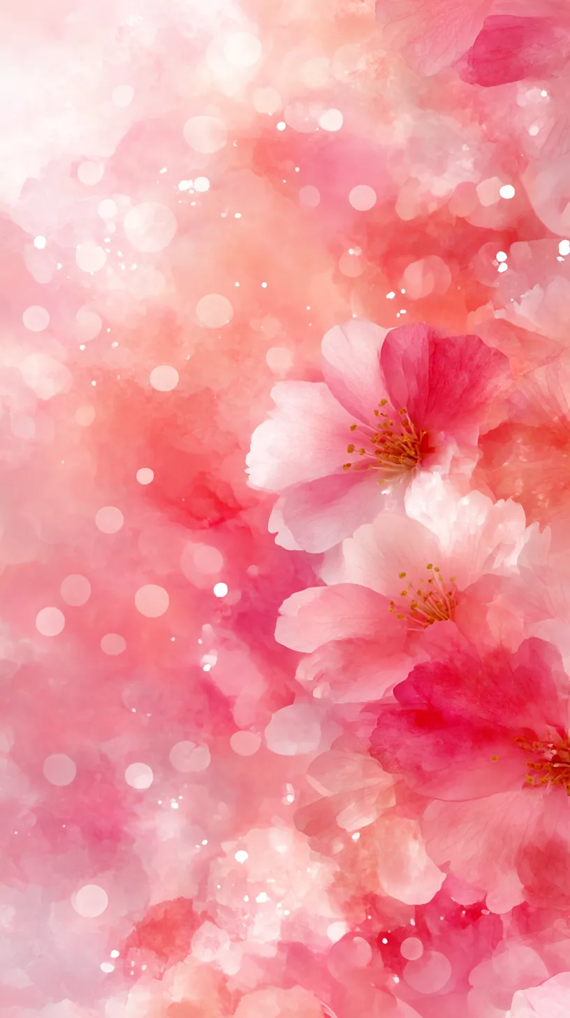 かわいい赤壁紙 桜のきらめき｜淡い赤とピンクの背景に桜の花が咲き誇り、光の粒が舞うかわいい赤壁紙。やわらかな花弁の透明感とぼかしの効いた背景が重なり、夢心地のような温かさと華やかさを描き出している。
