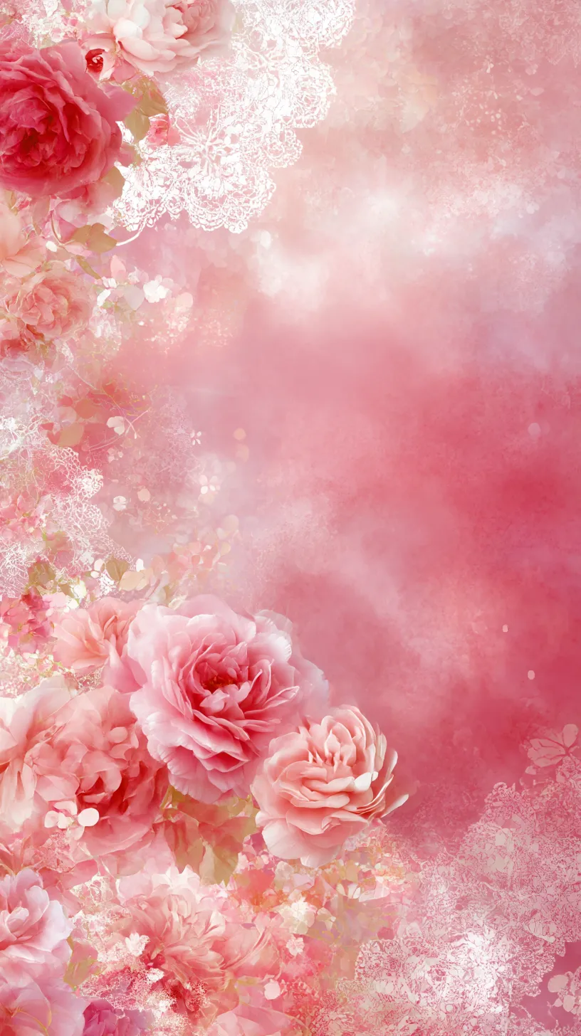 かわいい赤壁紙 薔薇のきらめき｜ピンクと赤の柔らかなグラデーションに咲き誇る薔薇が美しいかわいい赤壁紙。繊細なレース模様と重なることで、華やかさと可愛らしさが一体となり、甘美で優雅な雰囲気を感じさせる。