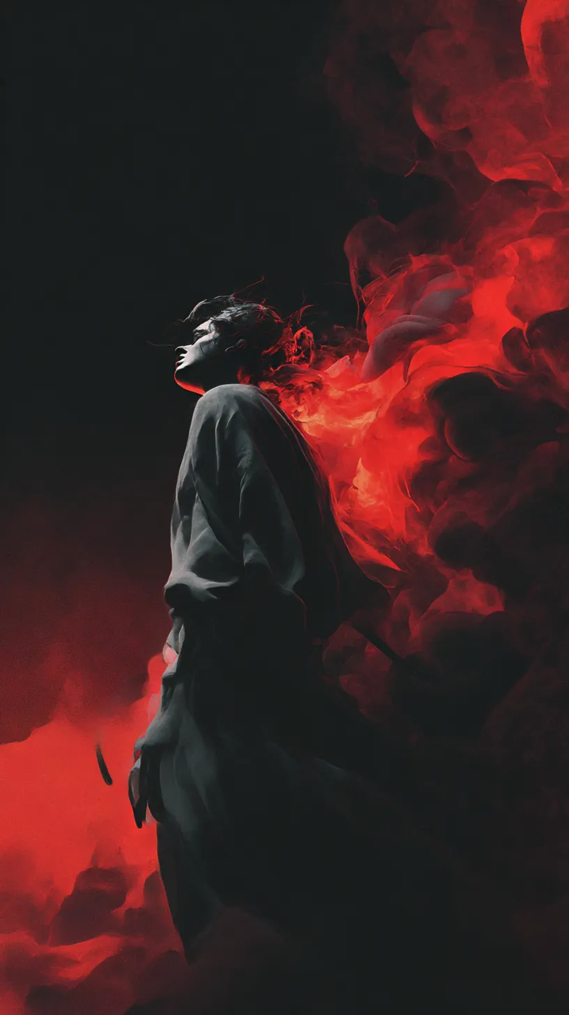 赤黒壁紙 炎に包まれる影｜漆黒の闇に立つ人物の背後で赤い炎が広がり、影と光が鋭く対比される構図。燃え上がる赤が生命力と狂気を同時に表現し、静止と躍動が共存する緊張感を描き出している。