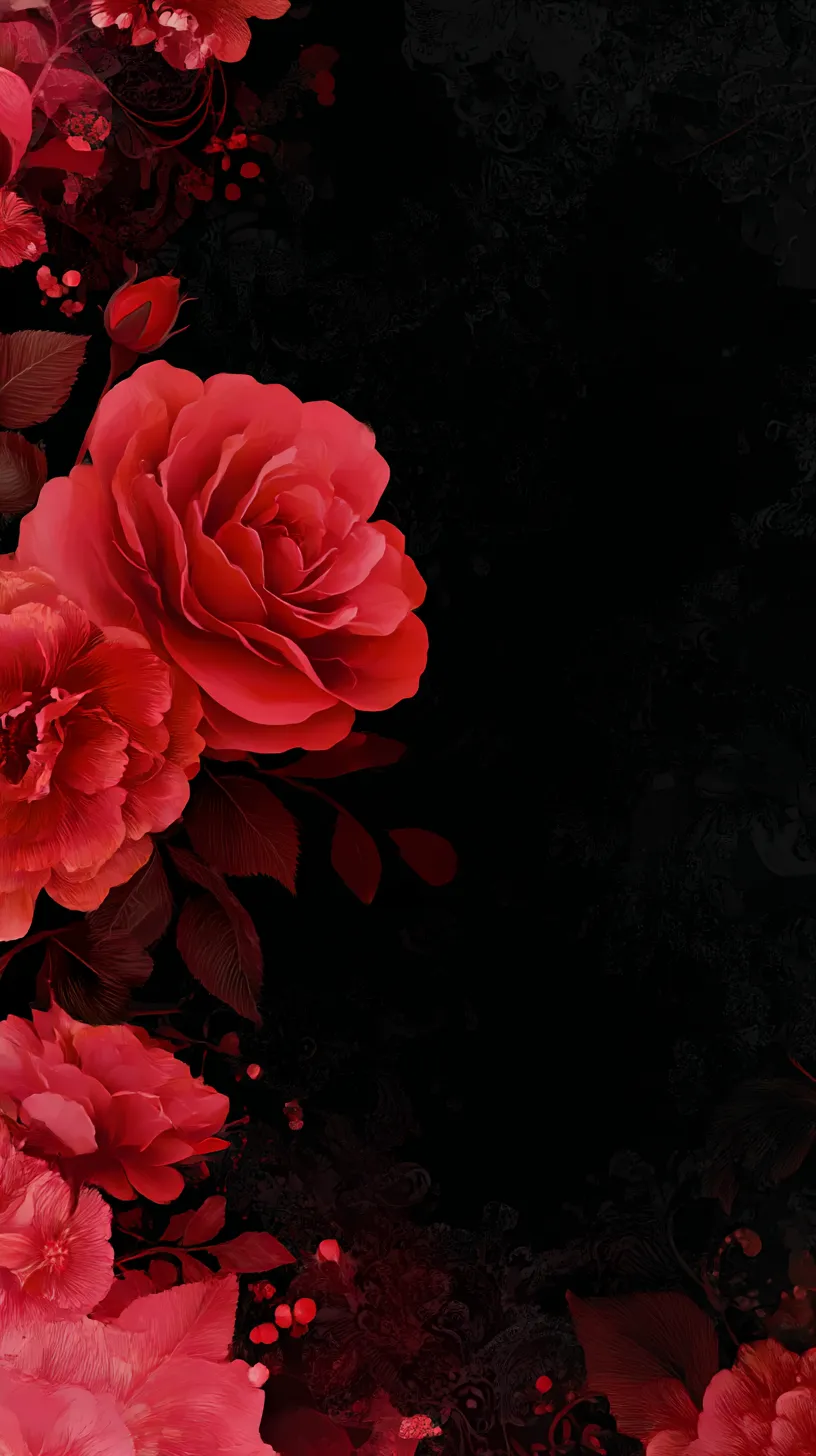 赤黒壁紙 一輪の薔薇｜漆黒の背景に赤薔薇が際立ち、質感豊かな花弁が立体的に浮かび上がる。黒い葉と背景装飾が陰影を深め、赤の象徴性をより鮮明に描き出している。