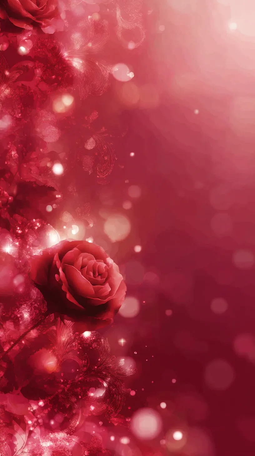 ワインレッド壁紙 薔薇の光彩｜光を受けた薔薇が輝く幻想的な表現。ワインレッドの背景に散りばめられた光の粒子が、花弁の奥行きと柔らかな質感を際立たせている。