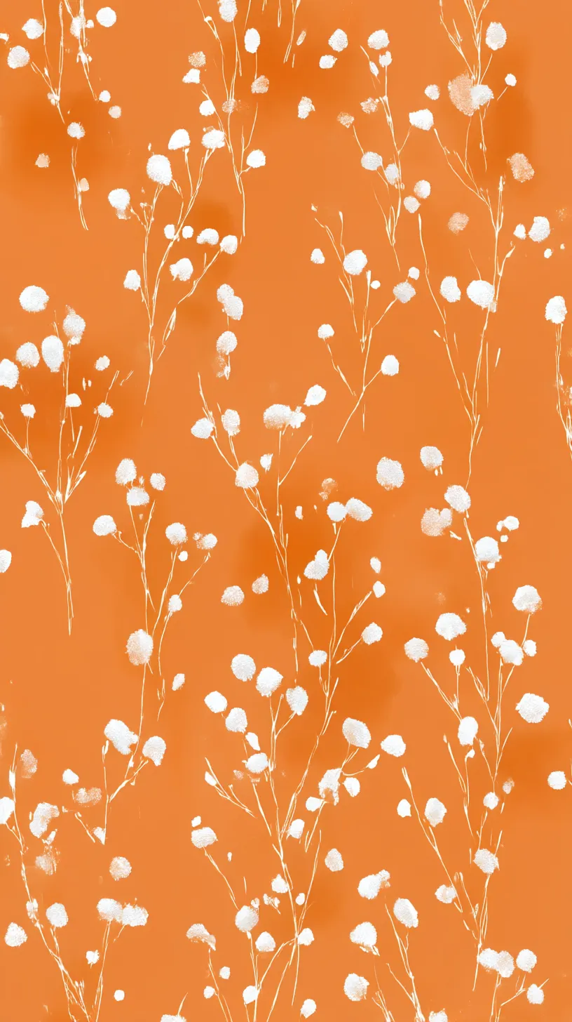 かわいいオレンジ壁紙 花の余韻｜シンプルなオレンジ色に白い花が散りばめられたかわいいオレンジ壁紙。細い茎の流れと柔らかな花が織りなす模様が、軽やかで優しい雰囲気を漂わせる構成になっている。