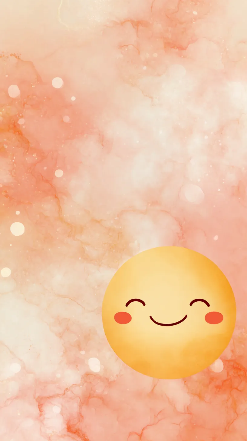 かわいいオレンジ壁紙 にっこり太陽｜柔らかいオレンジとピンクの滲みに笑顔の太陽が浮かぶかわいいオレンジ壁紙。にじむ色彩と優しい表情が調和し、温かみと安心感を感じさせるデザインになっている。