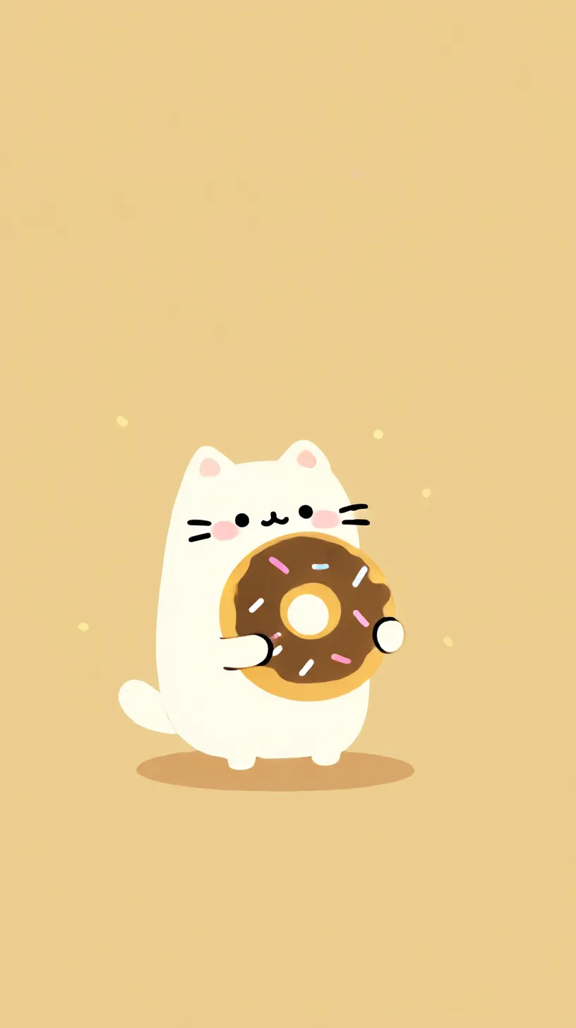 ゆるい面白い壁紙 ドーナツ抱える猫｜クリーム色の背景に、猫が大きなチョコレートドーナツを両手で抱える姿が描かれている。小さな体と大きなスイーツの対比が可愛らしく、ゆるさと面白さを同時に感じさせている。