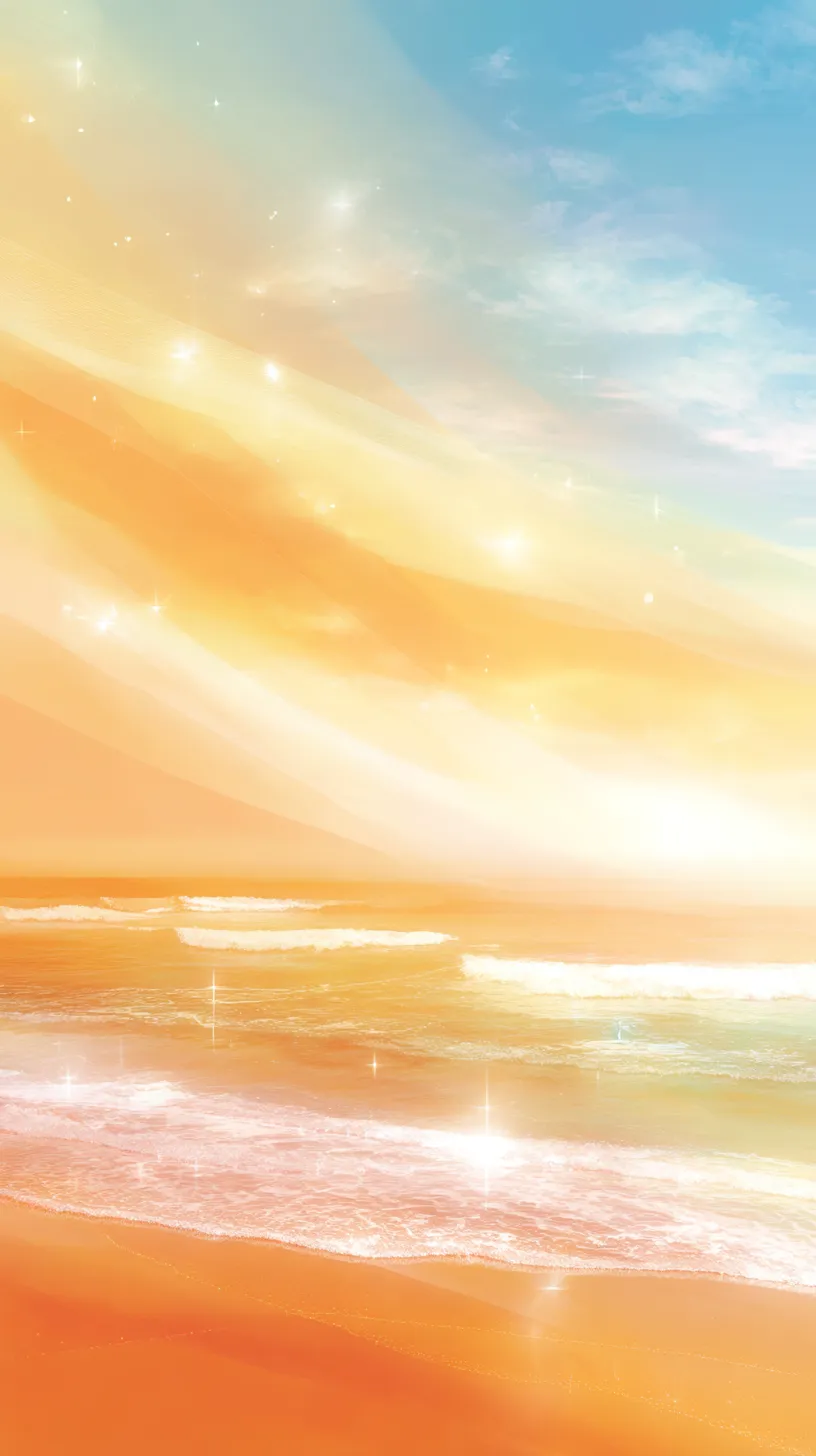 おしゃれオレンジ壁紙 海辺の輝き｜青空と柔らかな光の帯が重なる海辺の風景を描いたおしゃれオレンジ壁紙。波間に散るきらめきが幻想的に広がり、開放的で清涼感のある空気を漂わせる。