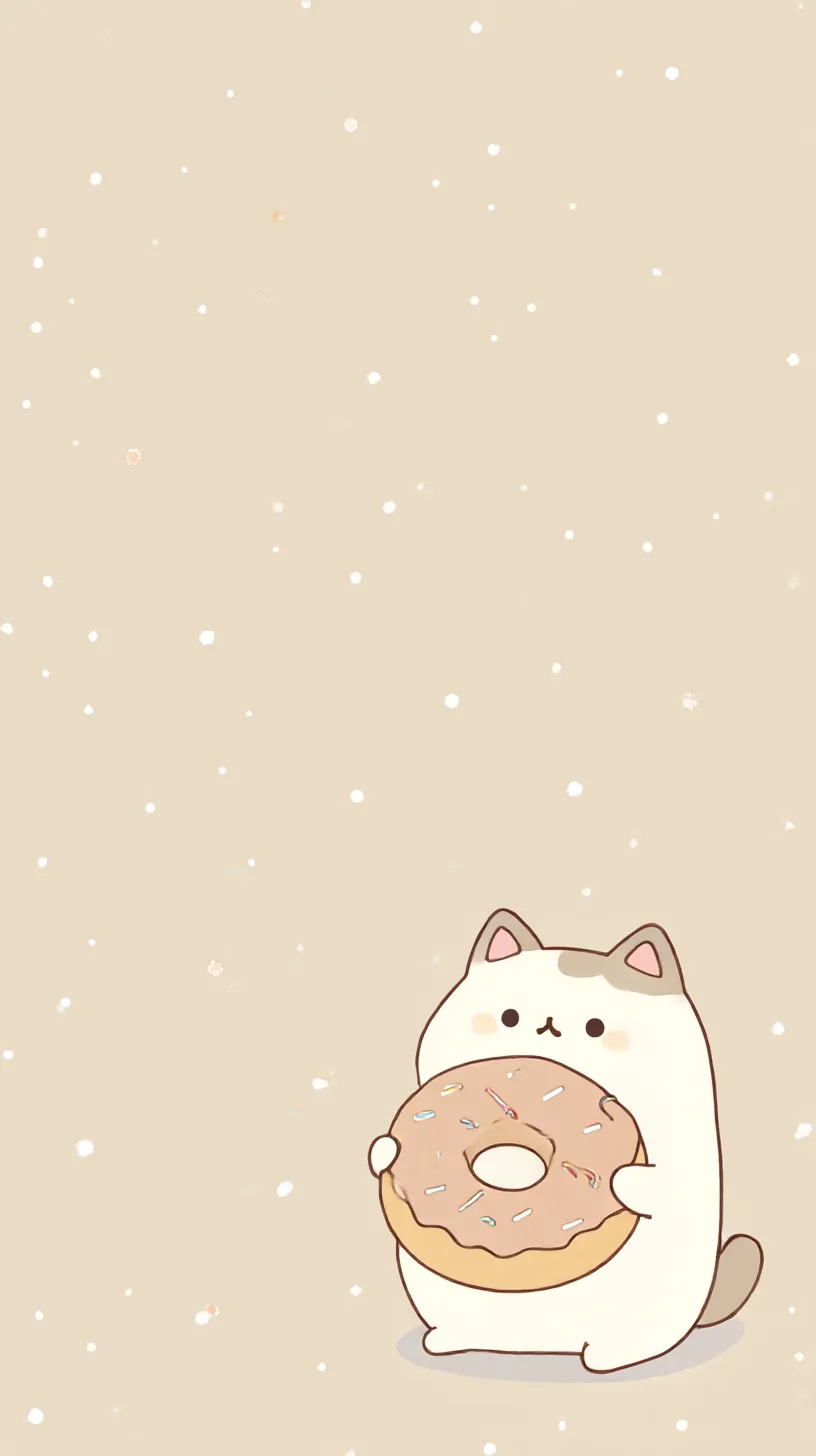 ゆるい面白い壁紙 ドーナツ猫のひととき｜淡いベージュの背景に雪のような点が舞い、猫が大きなドーナツを抱えている。落ち着いた色合いとほんのりした表情が重なり、癒しとユーモアが同時に広がる一枚となっている。