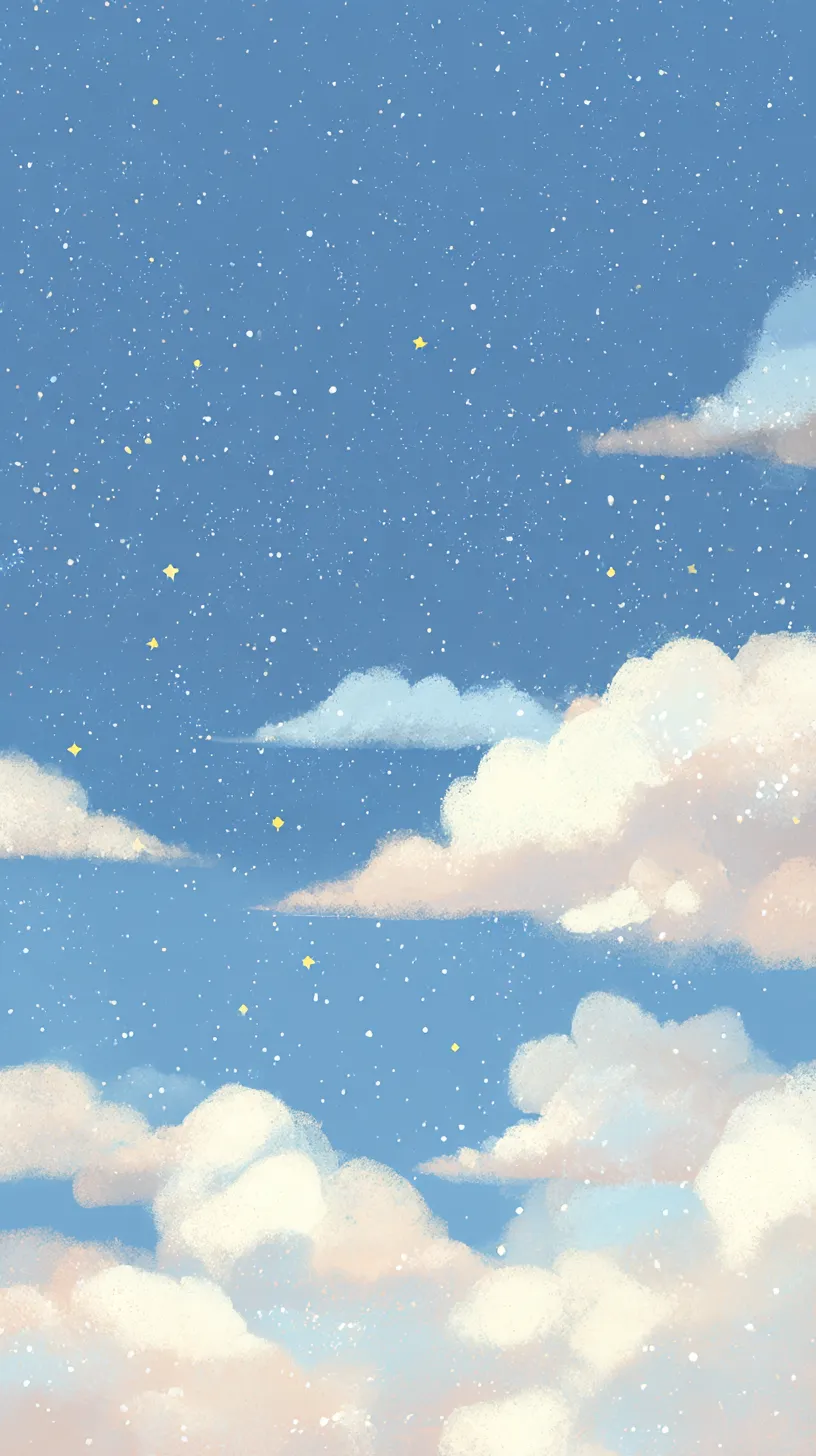 かわいい青壁紙 ほしとやさしい雲｜淡い水彩のタッチで描かれた空と雲に小さな星が瞬き、穏やかな空気を漂わせる。柔らかな色合いが優しい世界観を演出し、かわいい青壁紙として温かな印象を残す。