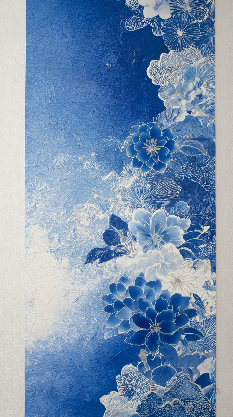 藍色壁紙 花咲く青の屏風｜立体感ある青の花々が重なり、屏風のように配置された藍色壁紙。細やかな線描と濃淡の対比が、装飾性と華やかさを同時に感じさせる。