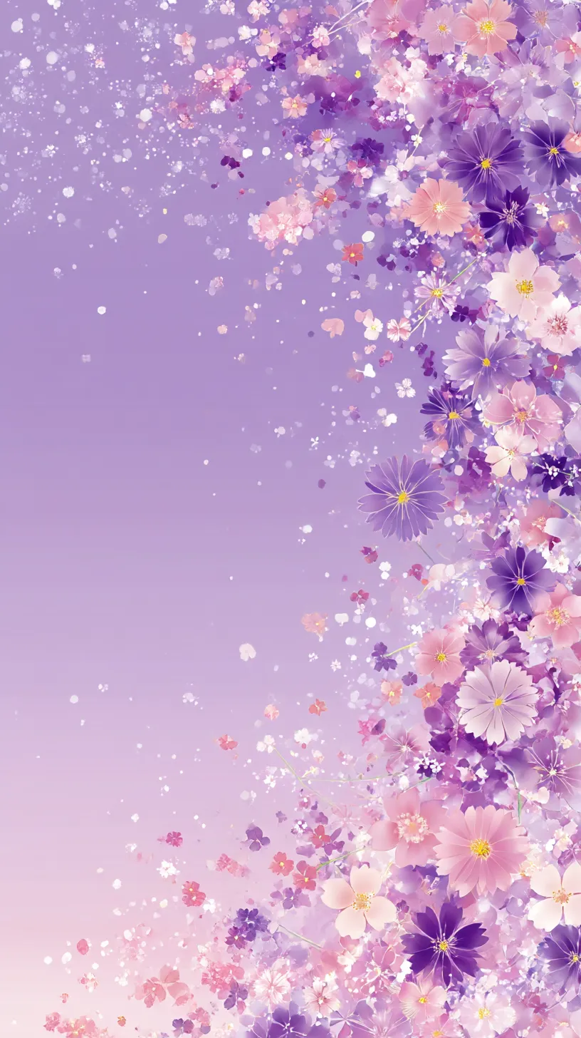 かわいい紫壁紙 花びらの流れ｜淡い紫の背景に広がる花びらが舞い散る構図。大小の花が右側に集まり、色彩の濃淡が奥行きを生み出し、幻想的で可憐な雰囲気を演出している。