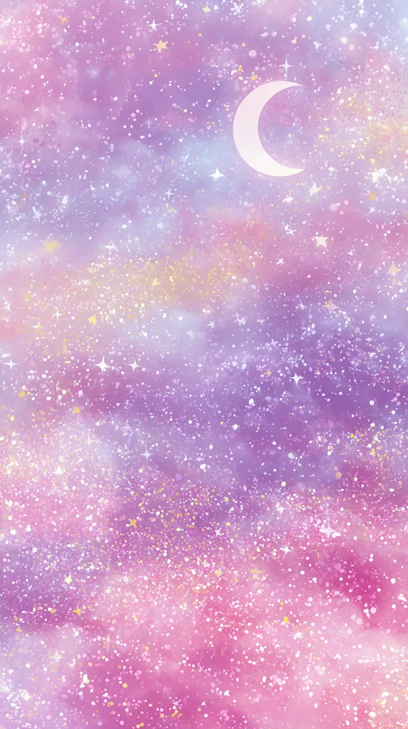 かわいい紫壁紙 星屑の夜空｜ピンクと紫のグラデーションに星屑が散りばめられ、中央の三日月が印象を強める構成。光粒のきらめきが可愛い幻想的な雰囲気を包み込んでいる。