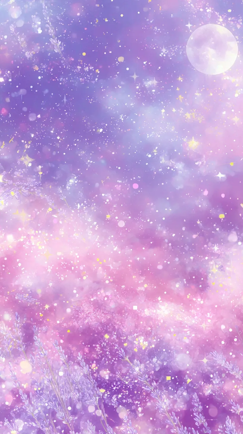 かわいい紫壁紙 月夜の輝き｜星屑と月が漂う空の広がり。紫と桃色の濃淡が柔らかく混ざり合い、遠くに月を浮かべることで静けさと可愛らしさが共存する幻想的な情景を描く。