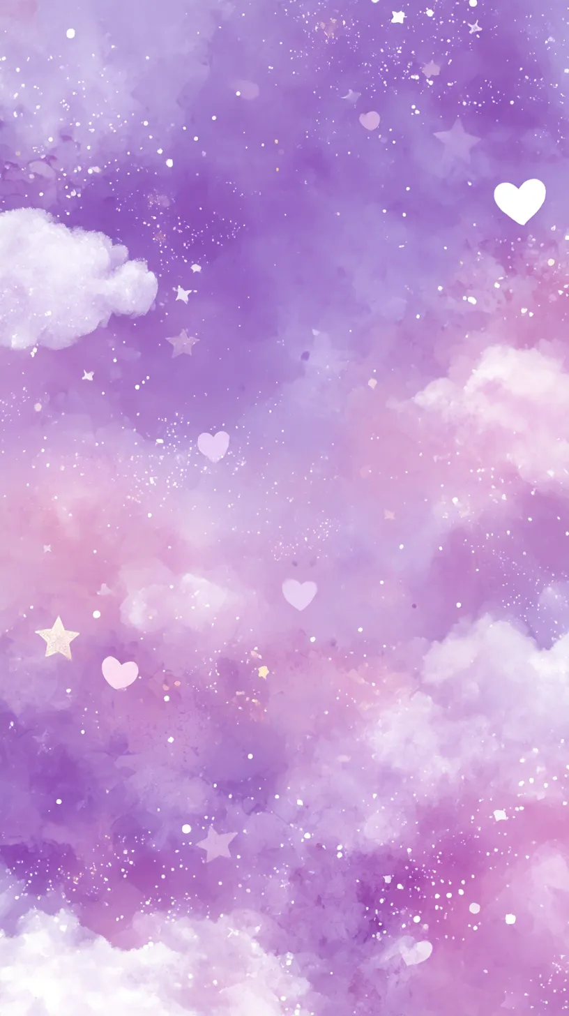 かわいい紫壁紙 星とハート空｜ふんわりとした雲と紫色のグラデーション空に散りばめられた星とハート。淡い光粒が全体を包み、可愛い優しさを感じさせる幻想的な背景。