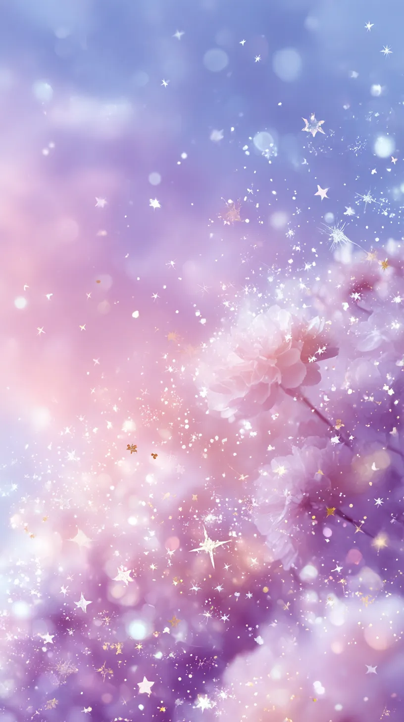 薄紫壁紙と花のきらめき｜薄紫壁紙に浮かぶ花々が星屑のような光に包まれ、幻想的な広がりを描く。柔らかな色彩の重なりが、夢の中で咲く花の存在感を優しく引き立てている。