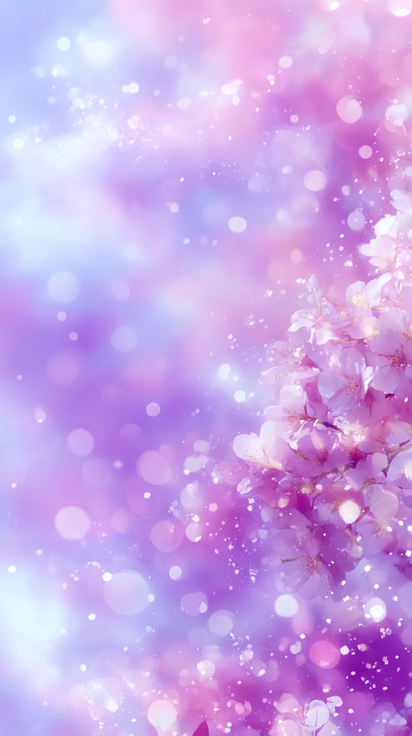 薄紫壁紙と桜の調べ｜薄紫壁紙に咲く桜の花が、淡い光の粒子に彩られて浮かび上がる。花びらの透ける質感と背景の光の揺らめきが、穏やかな春の旋律を感じさせる構成となっている。