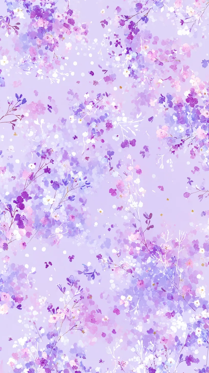 薄紫壁紙と花散る模様｜薄紫壁紙全体に広がる花模様が、絵の具を散らしたように軽やかに舞う。大小異なる花々と粒子が画面を満たし、柔らかな装飾性と春らしい軽快さを漂わせている。
