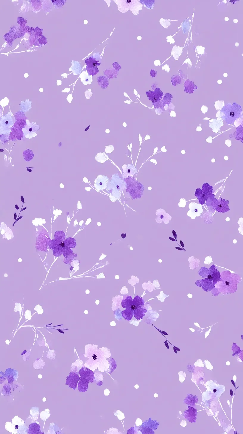 薄紫壁紙と花の余白｜薄紫壁紙に描かれたシンプルな花々が、余白を活かしながら配置されている。点在する花模様と白い粒子が、落ち着きと温かみを感じさせる柔らかな表情を形作っている。