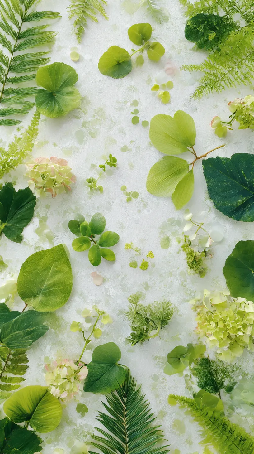 おしゃれ緑壁紙と瑞々しい草花｜おしゃれ緑壁紙に散りばめられた葉や草花が、鮮やかなグリーンで整然と並ぶ。柔らかな背景との対比が、生き生きとした自然の息吹を際立たせている。