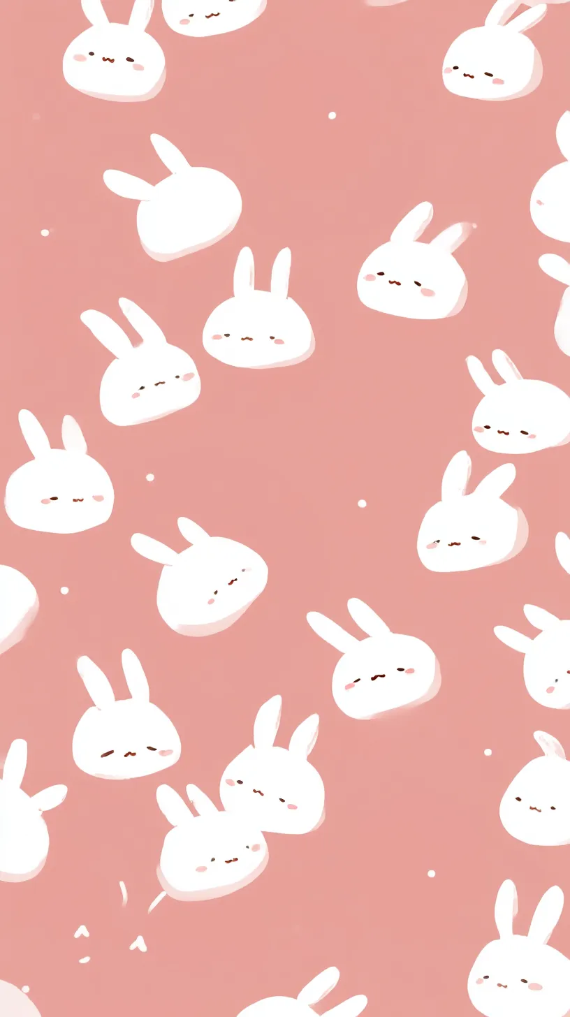 ゆるい壁紙 うさぎ模様｜ピンクの背景いっぱいに白いうさぎの顔が散りばめられたゆるい壁紙。表情の違いがユーモラスなリズムを生み、均一ではない配置が軽快で柔らかなデザイン性を高めている。