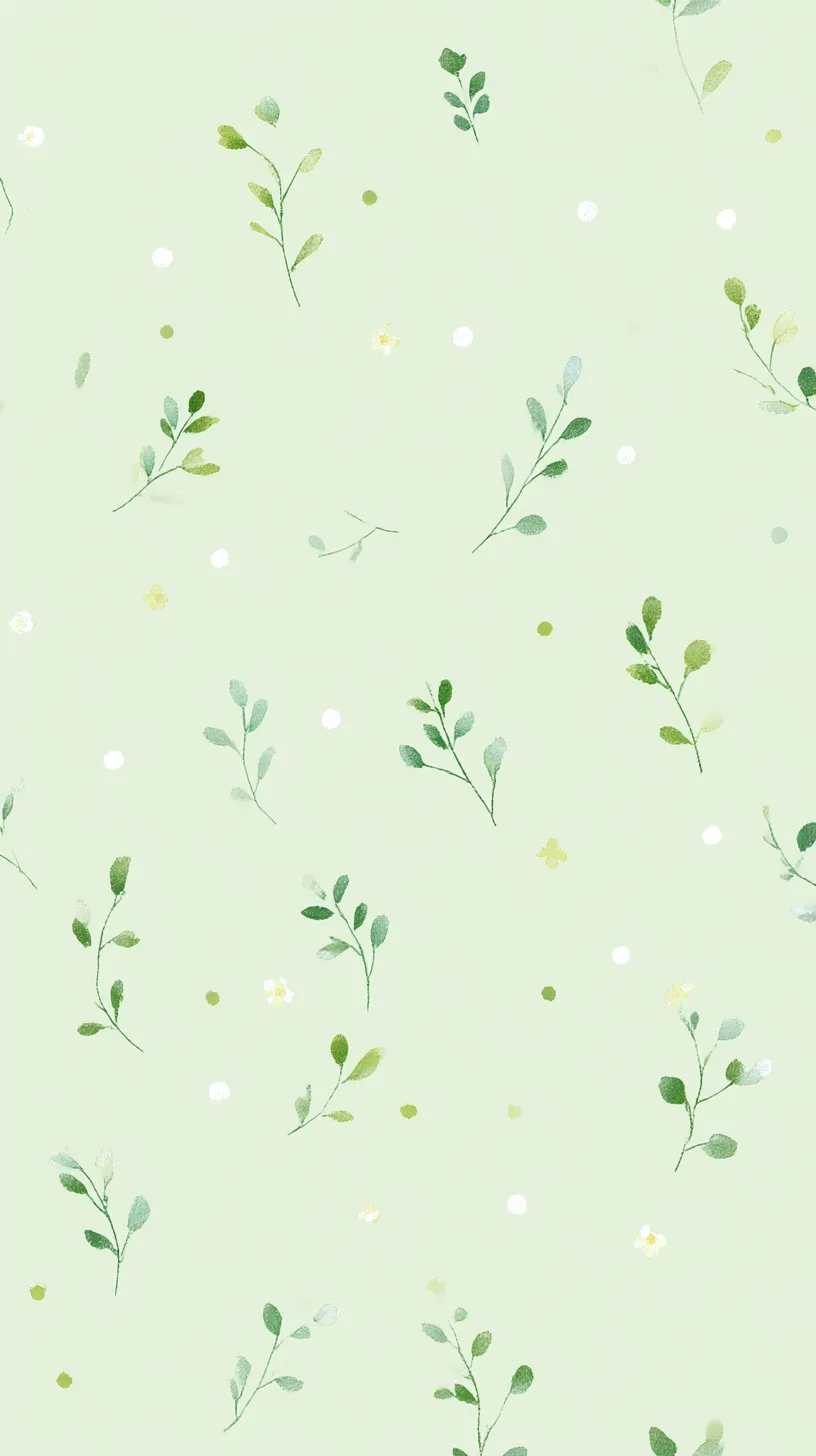 かわいい緑壁紙 小花の息吹｜淡い緑を背景に小さな枝葉や点が散りばめられた模様。軽やかに舞うような配置が心地よく、「かわいい緑壁紙」として自然のやさしさを感じさせる。