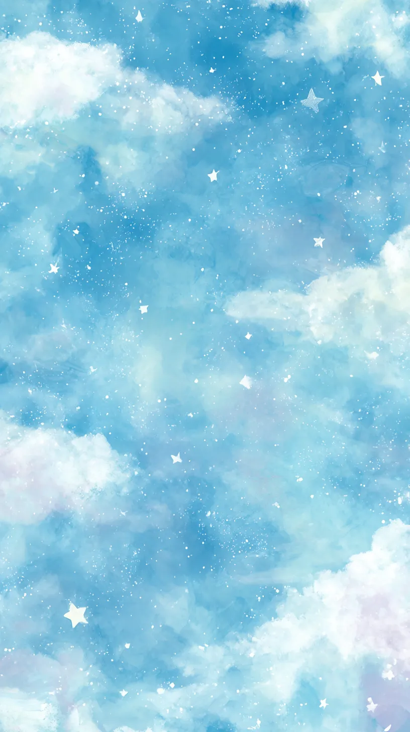ゆるいシンプル壁紙 星空のきらめき｜淡い青に白い雲と小さな星が散りばめられた構成。水彩の柔らかいタッチで夜空を表現し、ゆるいシンプル壁紙らしい透明感が広がる一枚です。星の配置が幻想的な余韻を残します。