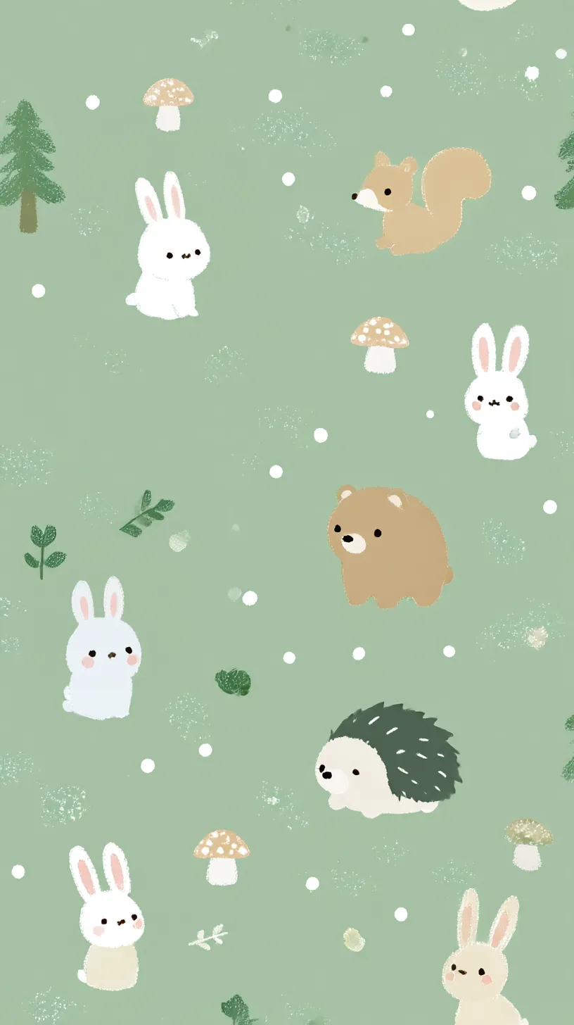 かわいい緑壁紙 森の仲間たち｜リスやウサギ、ハリネズミ、クマが緑の中に描かれ、きのこや木と共に並ぶ愛らしい構図。童話の一場面のように仕上げられ、「かわいい緑壁紙」として親しみを誘う。