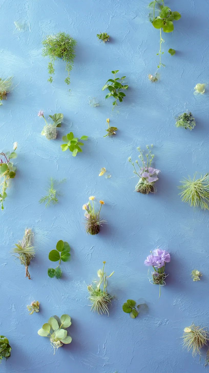 モスグリーン壁紙 青空に咲く葉｜青の背景に浮かぶ草花や小さな植物が軽やかに広がり、清々しい彩りを演出する。モスグリーン壁紙として生命感と空気感を同時に映すデザイン。