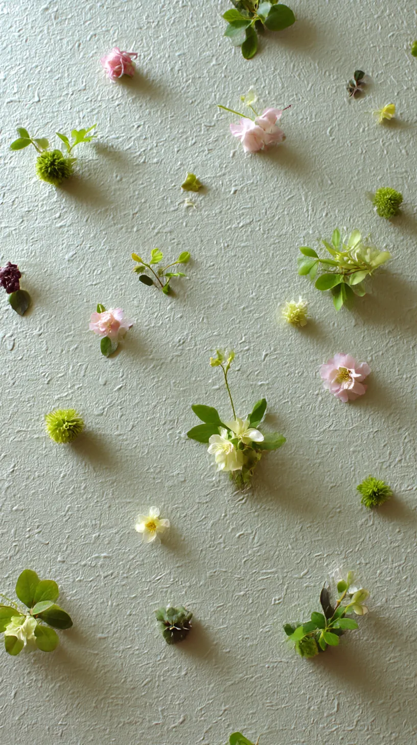 モスグリーン壁紙 花影のレリーフ｜立体的に配された花々と葉が影を落とし、モスグリーンの壁面に静かな奥行きを生み出している。光と陰が織りなす配置が上品な浮遊感を強調している。