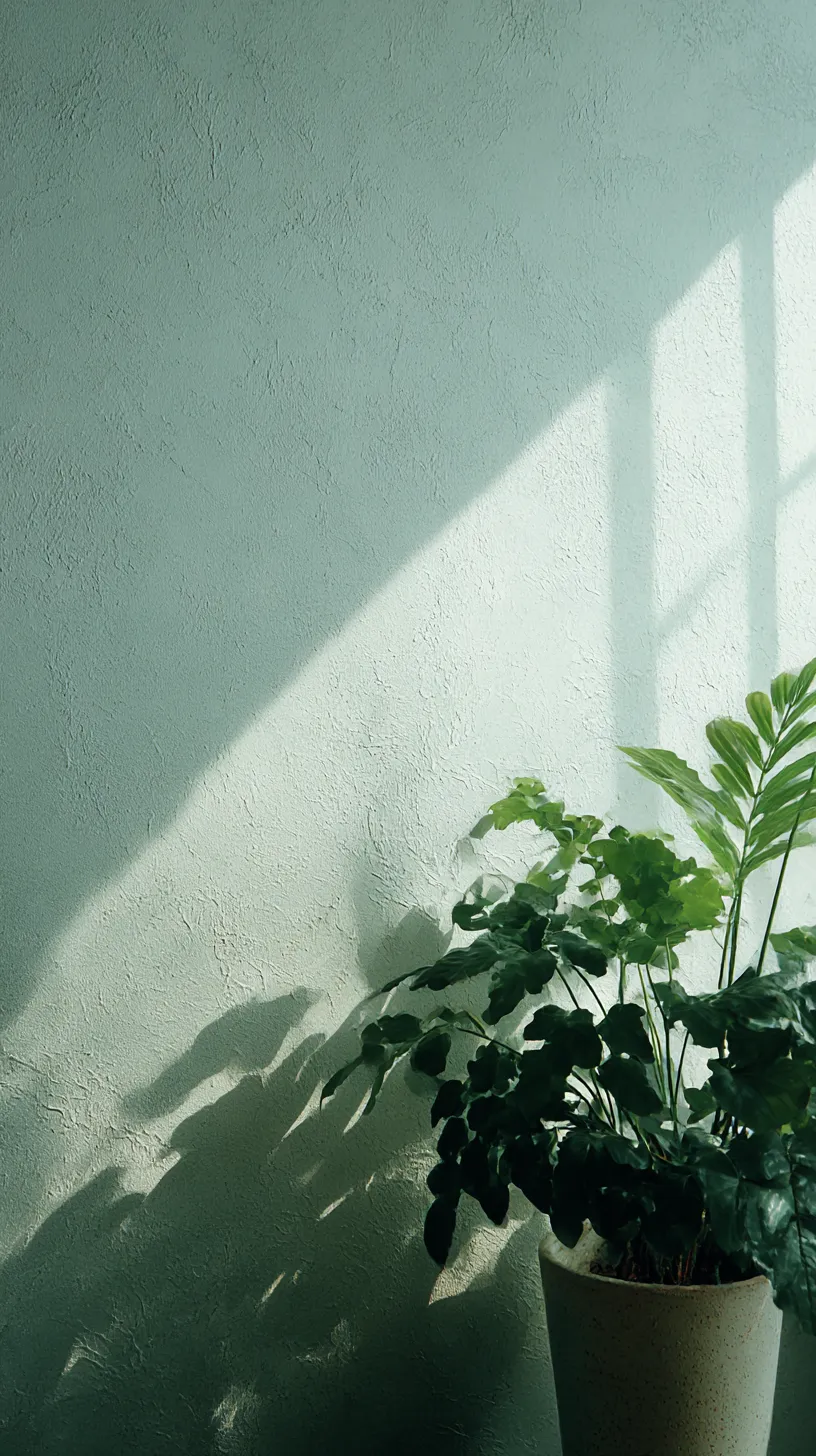 モスグリーン壁紙 窓辺の植物影｜鉢植えの葉が窓からの光に照らされ、壁に長い影を描くシーン。モスグリーンの壁面に落ちる影のグラデーションが時の移ろいを穏やかに示している。