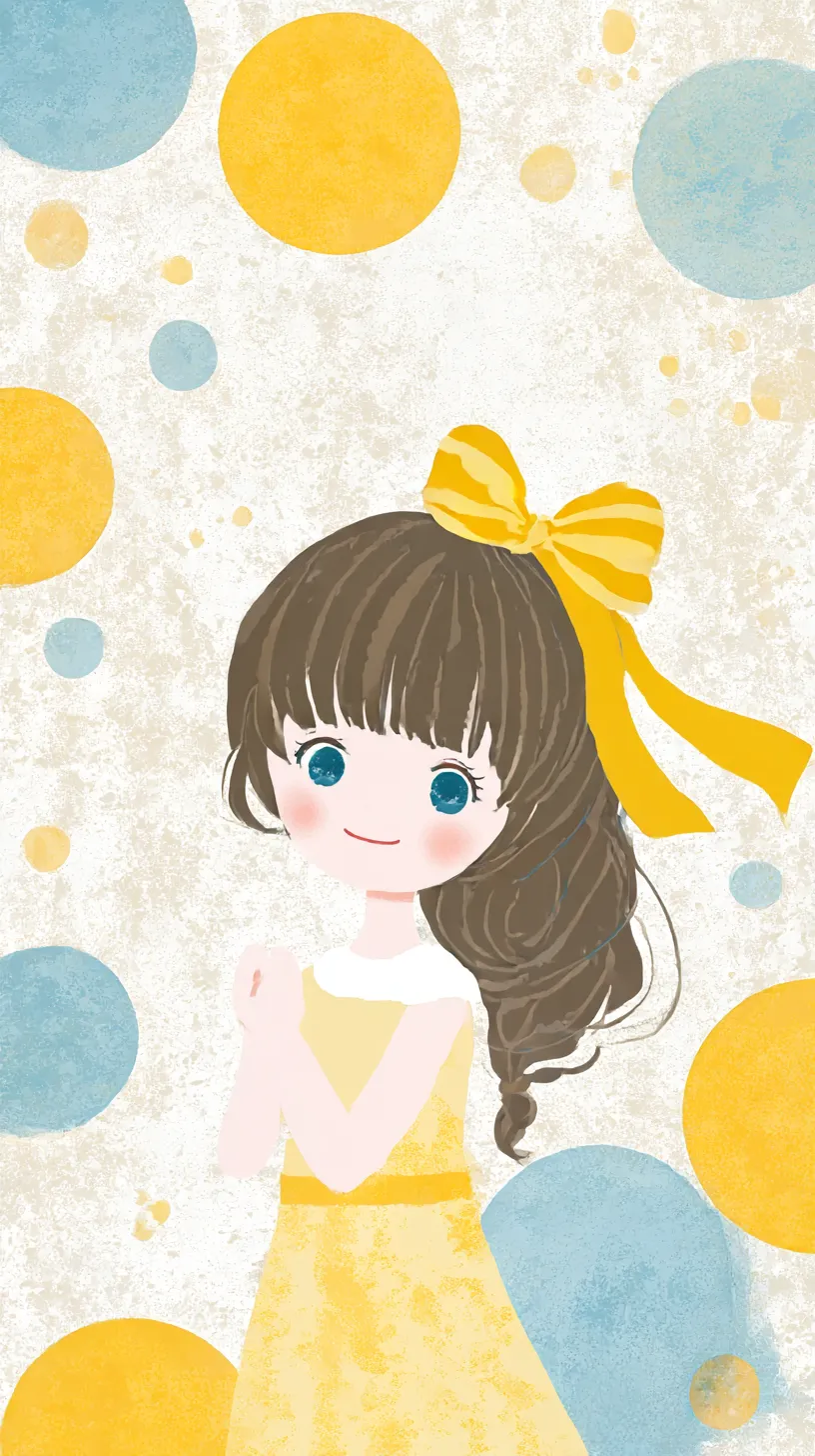 かわいい黄色壁紙 少女の笑顔｜かわいい黄色壁紙の中に描かれた少女は、大きなリボンと黄色いドレスで柔らかな雰囲気を演出。背景の円模様が明るさを強調し、純真で華やかな空気感を漂わせている。