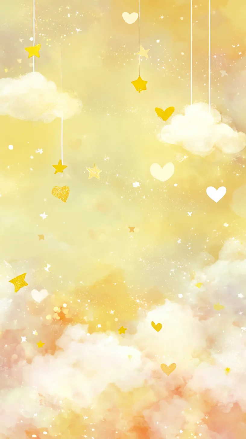 かわいい黄色壁紙 星降る夢雲｜かわいい黄色壁紙に描かれた雲から星やハートが吊り下がり、空に揺れるような夢幻的な構図。背景の柔らかな黄色が温もりを与え、夜空を甘い幻想へと変えている。