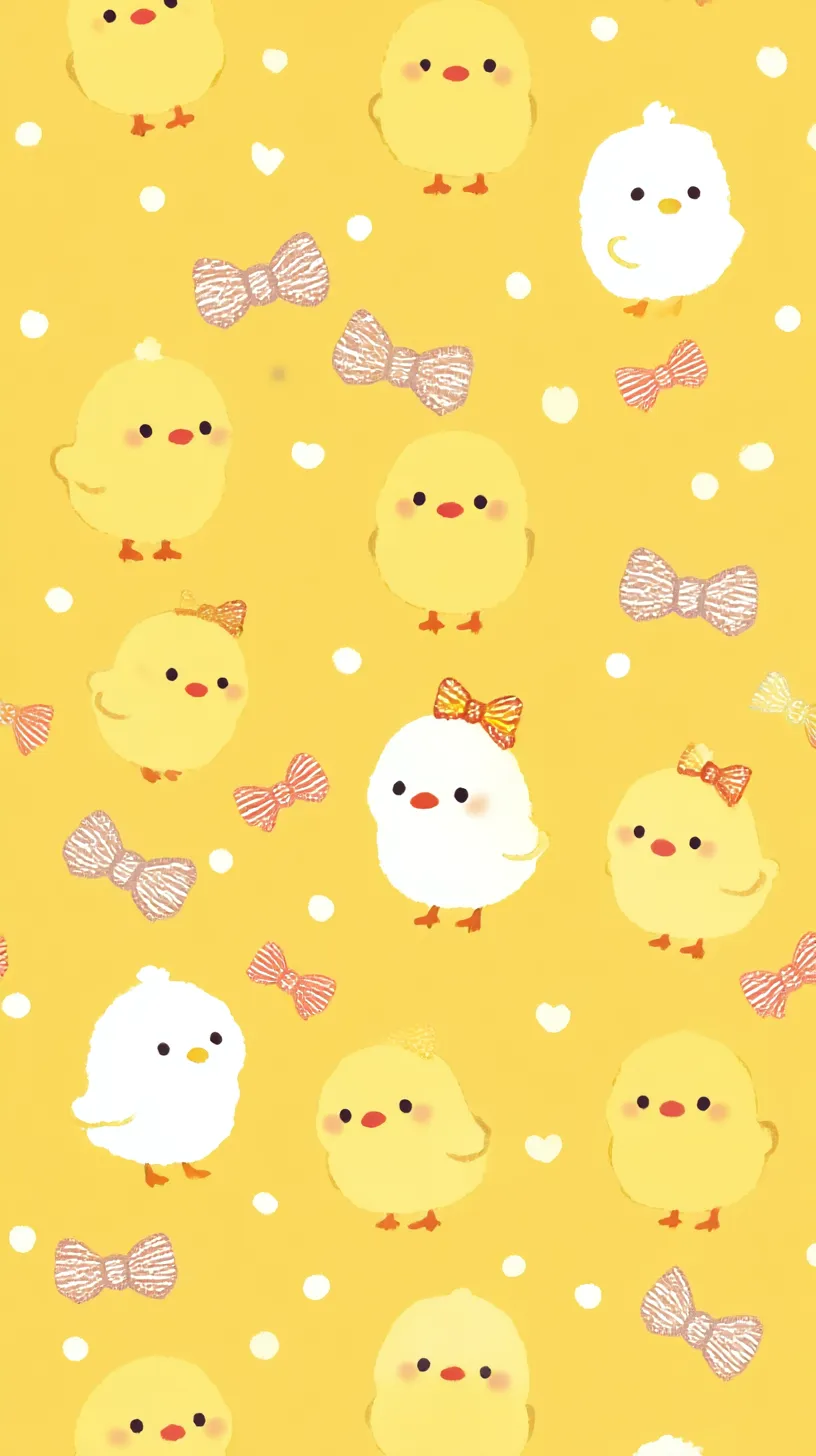 かわいい黄色壁紙 ひよこの行進｜かわいい黄色壁紙いっぱいに並ぶひよこたちは、リボンや水玉と共に愛らしさを倍増。背景の明るい黄色がにぎやかな雰囲気を演出し、温かみと楽しさを伝えている。