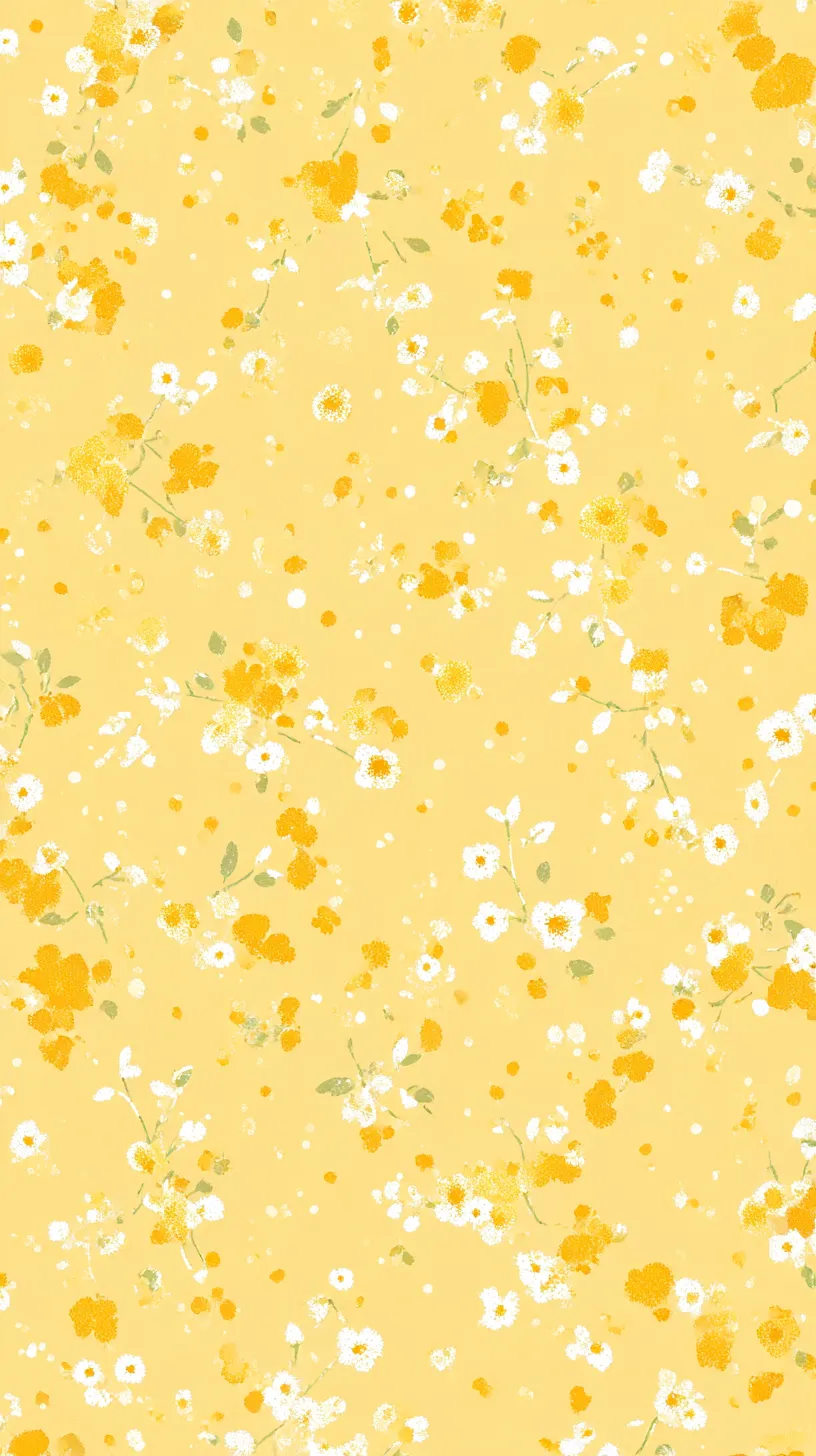 かわいい黄色壁紙 華やぐ野花｜かわいい黄色壁紙に咲く大小の花々は、黄色と白の彩りで視界いっぱいに広がる。鮮やかな点描のような表現が賑やかさを添え、軽やかに舞う花々の存在感を引き立てている。
