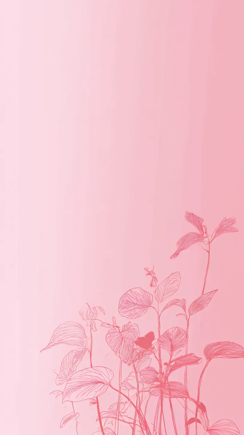 ゆるいシンプル壁紙 蝶と小花の余白｜淡いピンクのグラデーションに、下部に細い線で描かれた植物と蝶が寄り添う構図。空白の広がりが特徴で、ゆるいシンプル壁紙らしい静かな余韻と可憐さが際立つ仕上がりです。