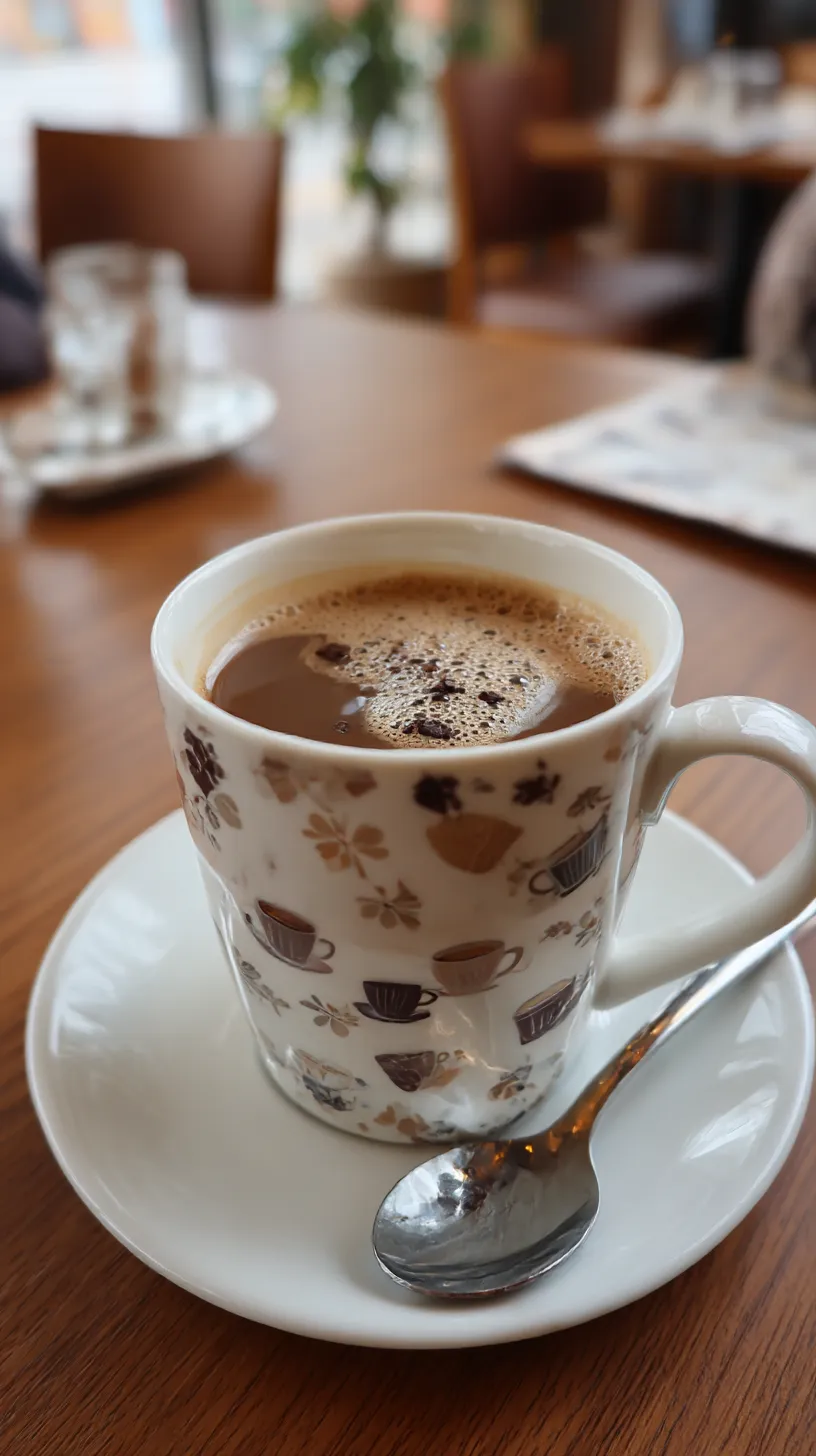 おしゃれ茶色壁紙 カフェの香り｜おしゃれ茶色壁紙はテーブルに置かれたコーヒーカップを中心に、木目調の温かい質感が広がる。茶色の濃淡が飲み物の香ばしさを感じさせ、穏やかな時間の象徴として表現されている。