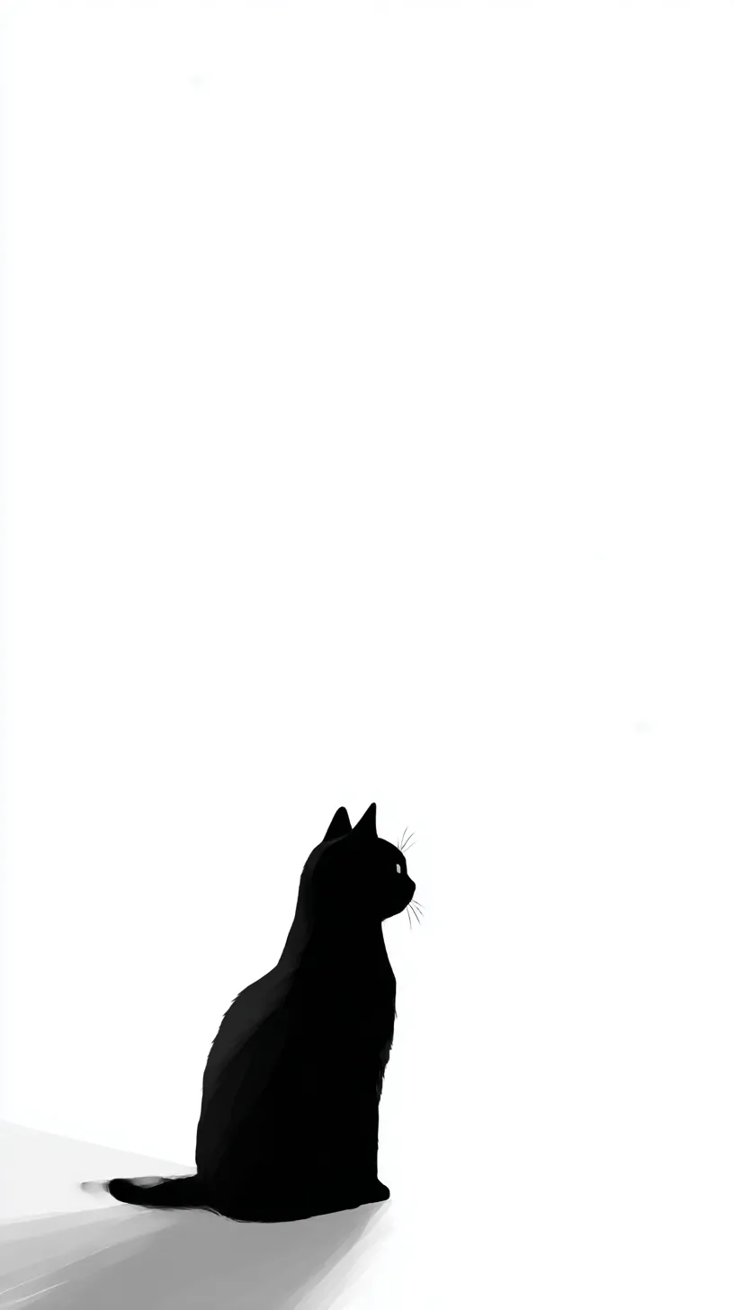ゆるいシンプル壁紙 黒猫の見上げ｜真っ白な余白に黒猫が座り、静かに上を見つめる構図。モノトーンの対比が際立ち、ゆるいシンプル壁紙として無駄のない表現で、猫の存在感をやさしく引き立てています。