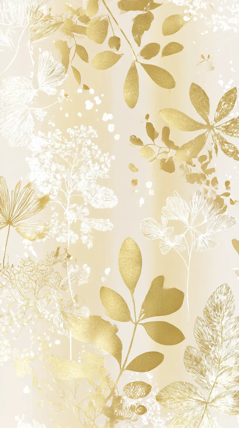 花咲くおしゃれゴールド壁紙｜金の葉や花の模様が透けるように重なり合い、光に照らされると浮かび上がる。細やかな装飾が画面を彩り、華やかで落ち着いた雰囲気を演出している。