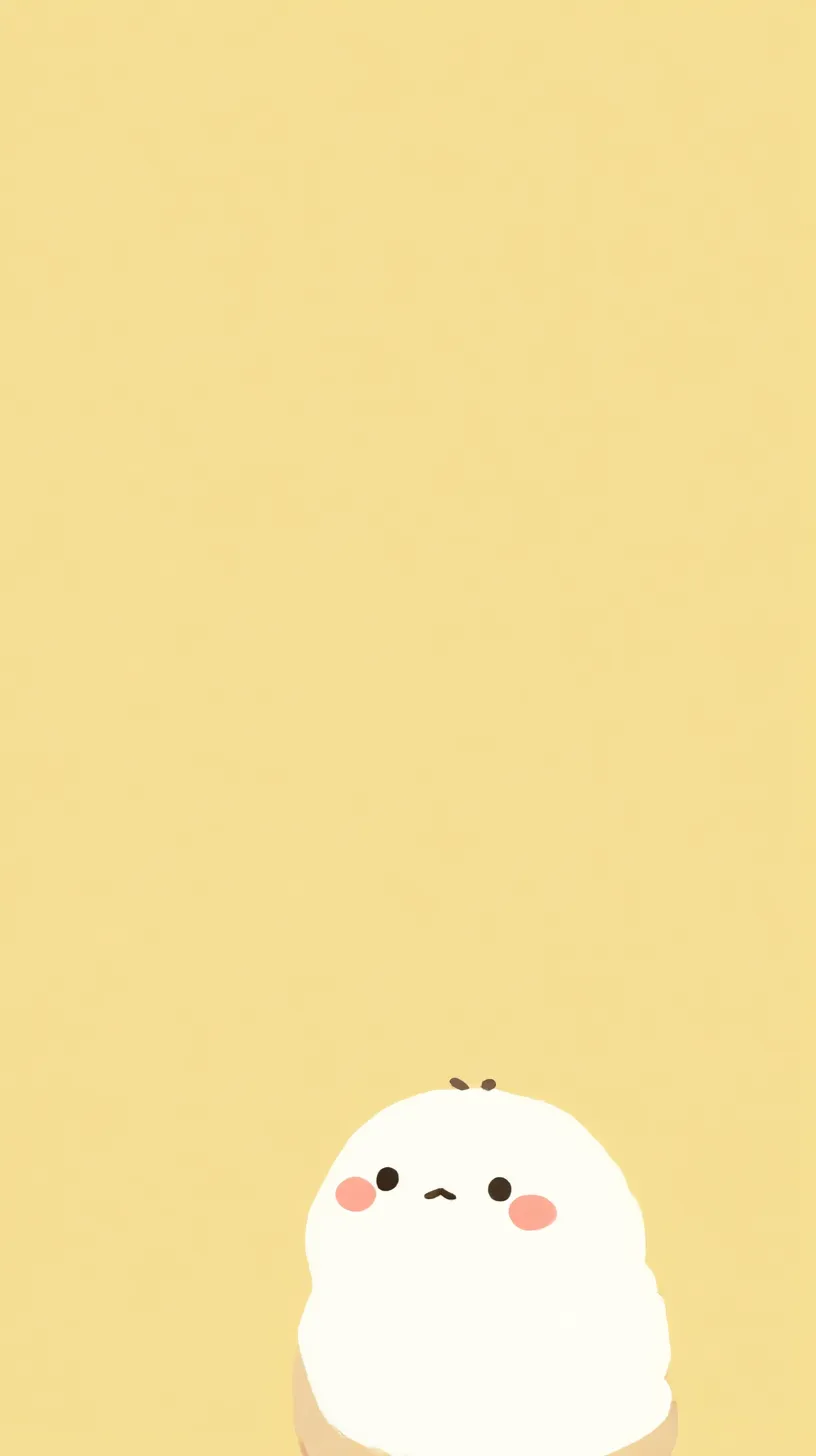 ゆるいシンプル壁紙 ちいさなもふ玉｜明るい黄色背景に、小さなもふっとした丸いキャラクターがちょこんと描かれた構図。表情の素朴さと余白のバランスが、ゆるいシンプル壁紙らしい可愛らしい軽やかさを表現しています。